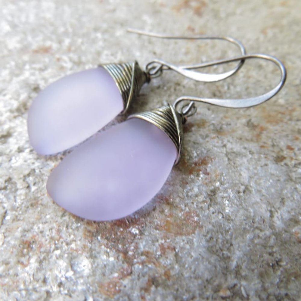 Cobalt Blue sea glass earrings wire wrapped with hematite colored wire